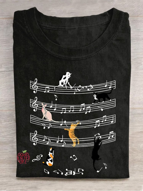 Cats And Music Casual Print T-shirt