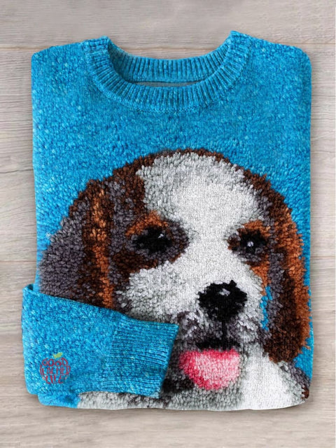 Cute Plush Dog Art Print Knit Pullover Sweater