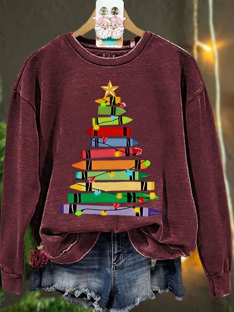 Crayons Tree Colored Lights Teacher Christmas Casual Sweatshirt