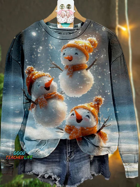 Retro Snowman Christmas Casual Print Sweatshirt