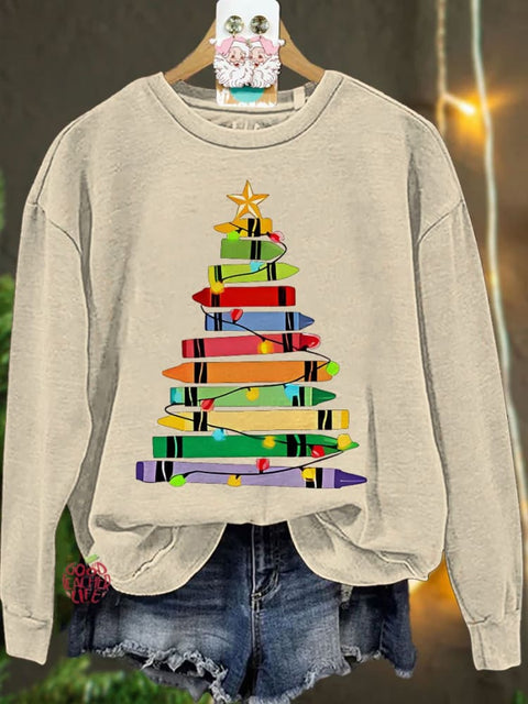 Crayons Tree Colored Lights Teacher Christmas Casual Sweatshirt