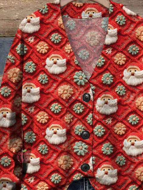 Santa Christmas Print Buttoned V-neck Cardigan Sweater