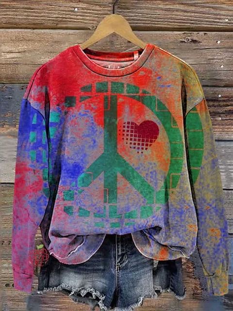 Retro Hippie Peace Sign Love and Peace Heart Shaped Casual Sweatshirt