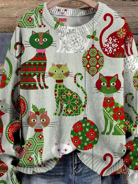 Christmas Cute Cats Decorations Art Print Casual Knit Pullover Sweater