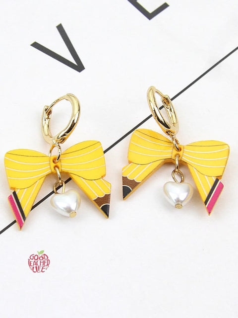 Back To School Pencil Bow Hoop Drop Earrings