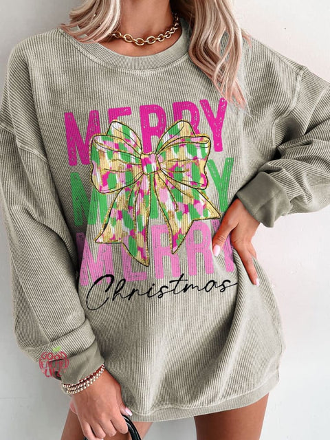 Women's Pink Glitter Christmas Coquette Casual Print Corduroy Sweatshirt