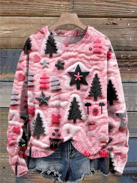 Christmas Tree Pink 3D Simulation Art Print Knit Pullover Sweater