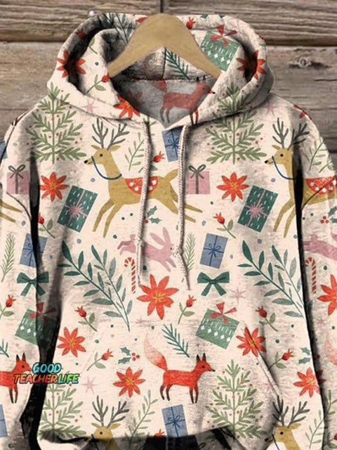 Christmas And Woodland Animal Pattern Printed Casual Sweatshirt