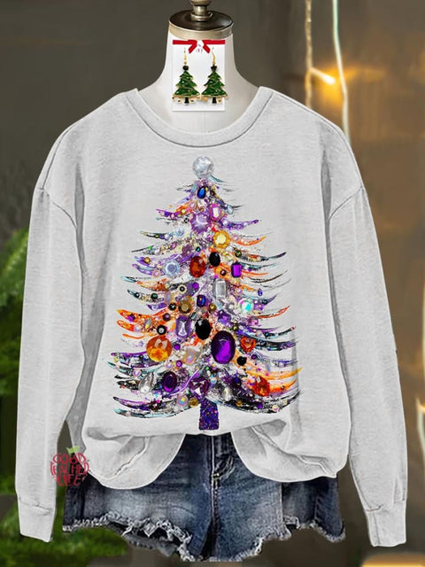 Purple Jewelry Christmas Tree Printed Casual Sweatshirt