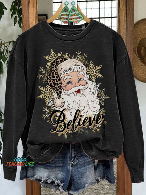 Santa Gold Snowflake Print Casual Sweatshirt