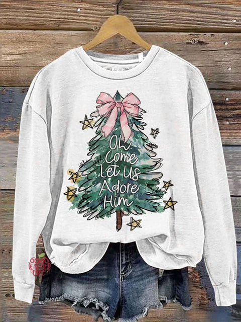 Oh Come Let Us Adore Him Jesus Christmas Casual Print Sweatshirt