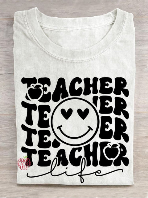 Teacher Life Smiley Face Apple Casual Print T-shirt