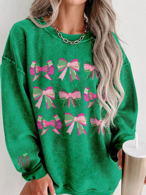 Women's Glitter Christmas Coquette Bows Casual Print Corduroy Sweatshirt