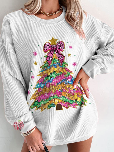 Women's Christmas Colorful Coquette Glitter Christmas Tree Casual Print Sweatshirt