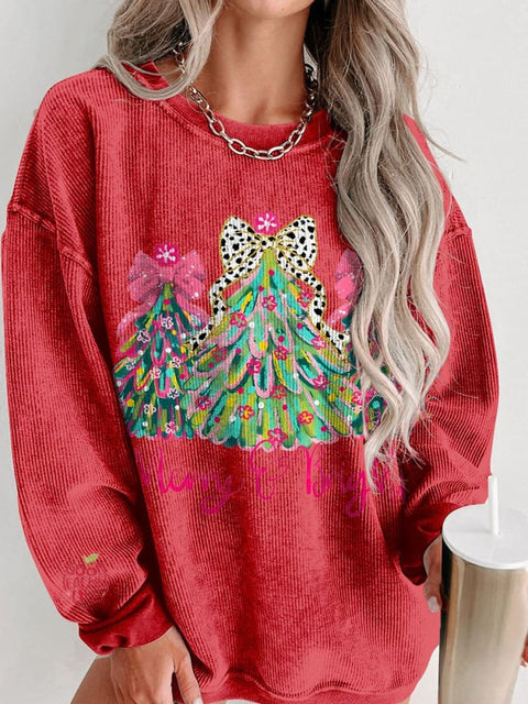 Christmas Merry and bright christmas tree coquette Women's  Casual Print Corduroy Sweatshirt