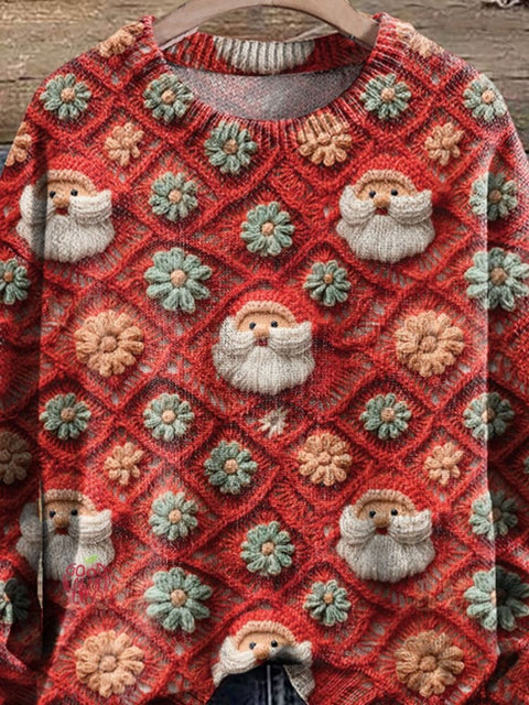 Boho Santas Christmas Print Knit Pullover Sweater