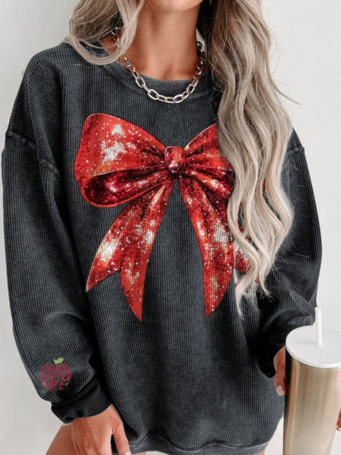 Christmas Red Glitter Bow Print Women's Casual Sweatshirt