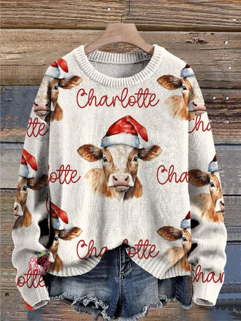 Christmas Hat Highland Cow Print Knit Pullover Sweater