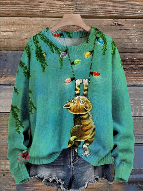 Christmas Cute Cat Art Pattern Print Casual Knit Pullover Sweater