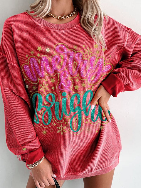 Christmas Merry & Bright Golden Glitter Women's  Casual Print Corduroy Sweatshirt