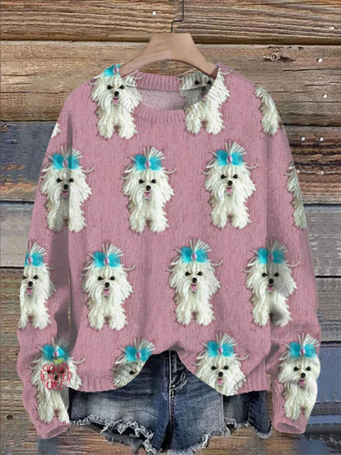 Cute Puppy Dog Lover Print Knit Pullover Sweater