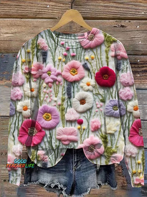 Embroidered Flowers Art Print Casual  Sweatshirt