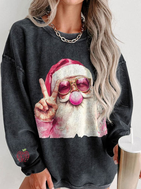 Women's Retro Santa Christmas Blowing Bubble Christmas Casual Print Shirt