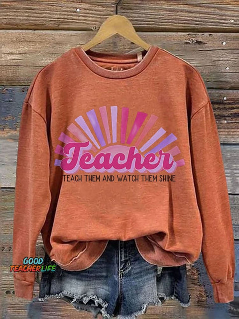 Retro Bright Pink Sun Hot Casual Print Sweatshirt