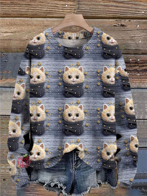 Christmas Cute Cat Simulated 3D Funny Print Casual Knit Pullover Sweater