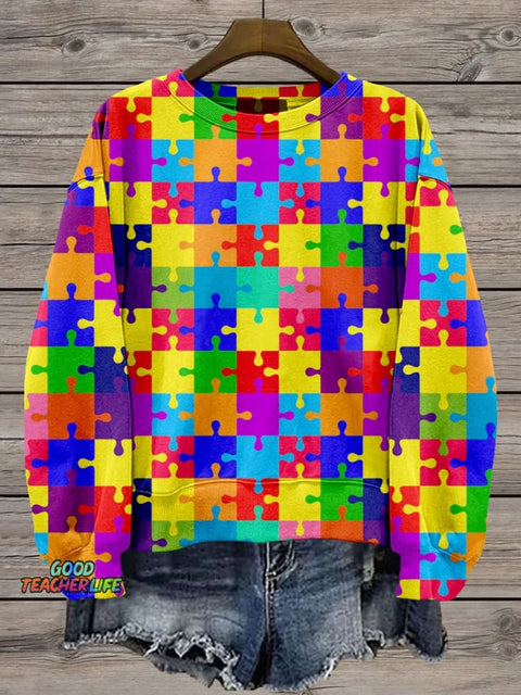 Colorful Jigsaw Puzzle Pieces Casual Print Sweatshirt