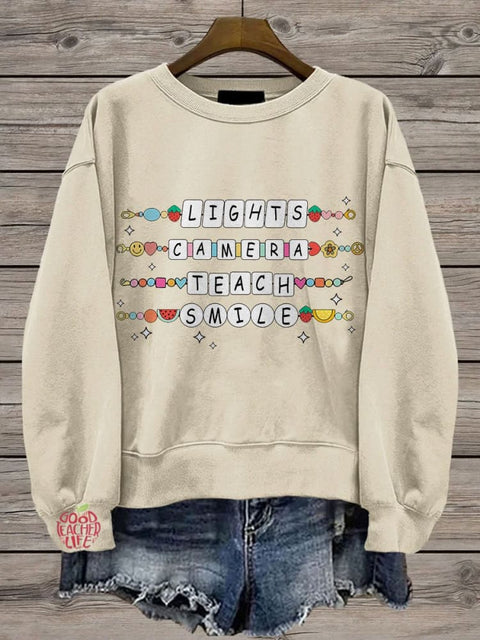 Lights Camera Teach Teacher Groovy Friendship Bracelet Casual Print Sweatshirt