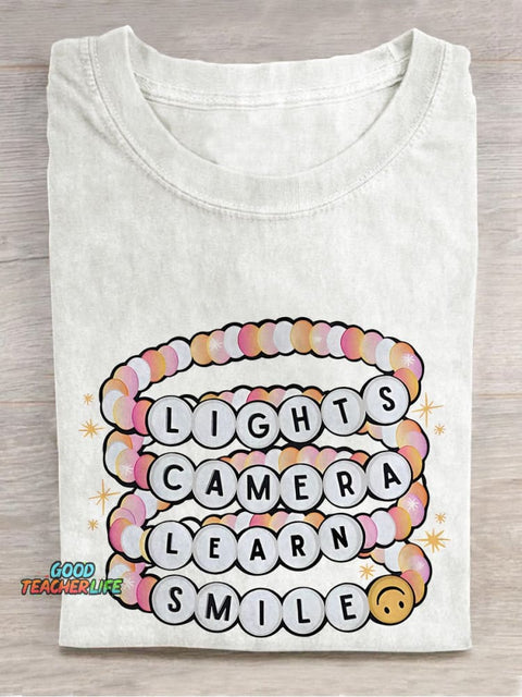 Lights Camera Teach Smile Teacher Groovy Casual Print T-shirt