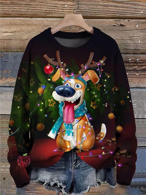 Christmas Funny Dog Decorations Art Print Casual Knit Pullover Sweater