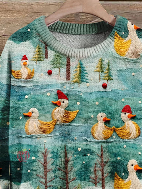 Christmas Gift Christmas Duck Art Print Knit Pullover Sweater