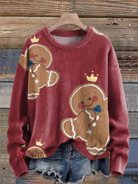 Cute Gingerbread Man Christmas Print Knit Pullover Sweater