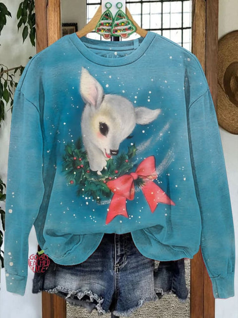 Christmas Reindeer Bow Garland Printed Casual Sweatshirt