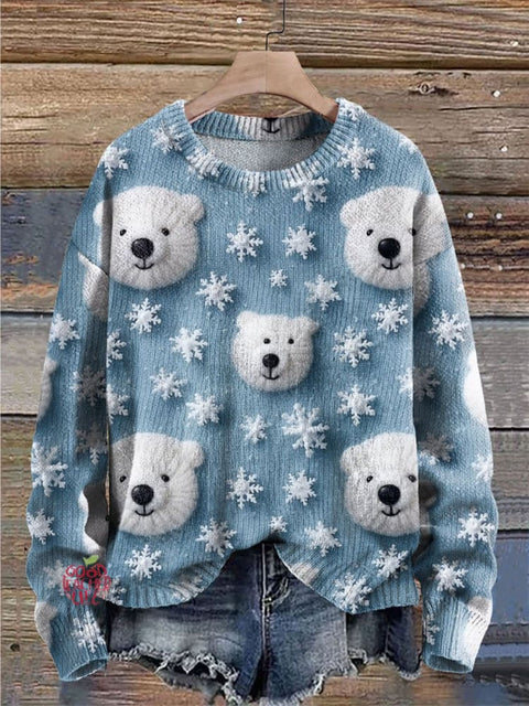 Bear Snow Print Knit Pullover Sweater