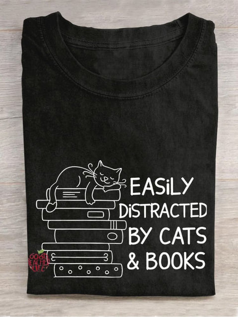 Easily Distracted By Cats And Books Teacher Casual Print T-shirt