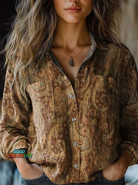 Women's Retro Paisley Floral Print Casual Long Sleeve Comfortable Cotton Shirt