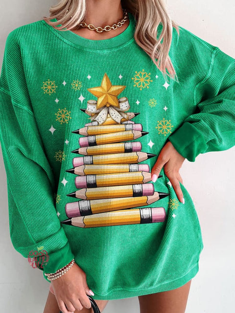 Women's Christmas Pencil Tree Christmas Light Teacher Casual Print Corduroy Sweatshirt