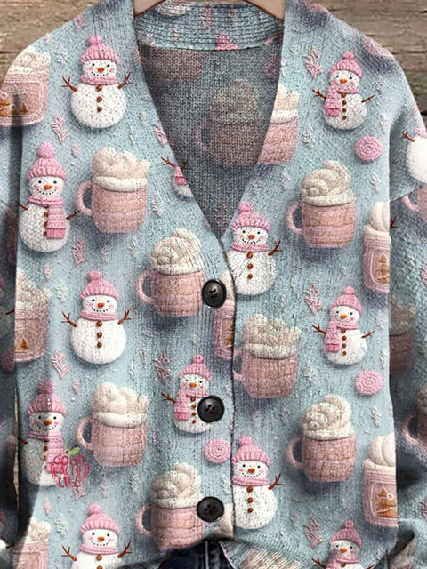 Cute Snowman Hot Cocoa Marshmallows Winter Hot Chocolate Pastel Christmas V-neck Cardigan Sweater