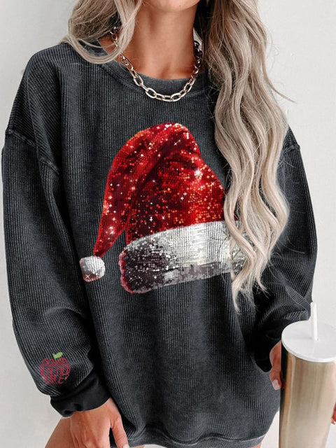 Christmas Glitter Santa Hat Print Women's Casual Sweatshirt