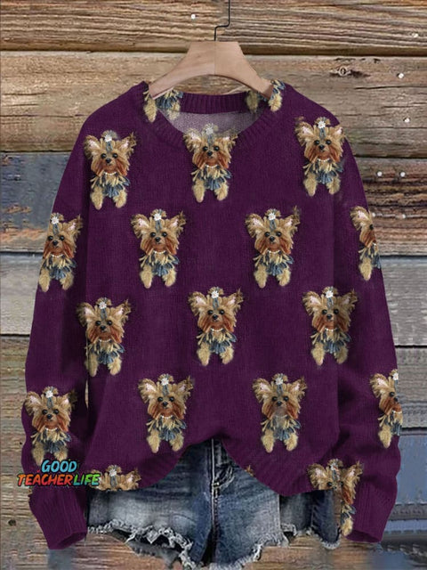 Cute Puppy Dog Lover Print Knit Pullover Sweater