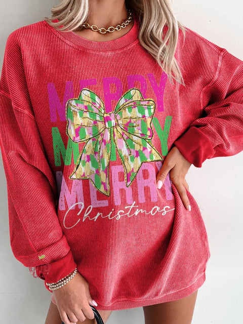 Women's Pink Glitter Christmas Coquette Casual Print Corduroy Sweatshirt