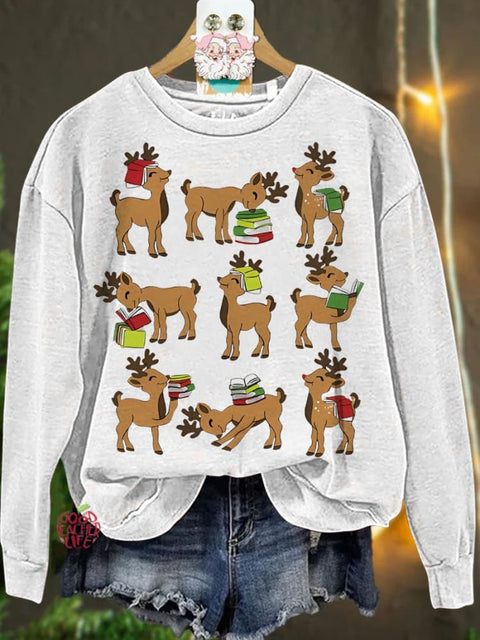 Christmas Reindeer Reading Book Lover Casual  Sweatshirt