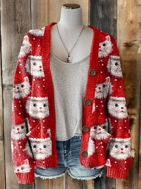 Cute Cat Christmas Print Buttoned Cardigan Sweater