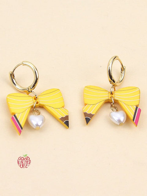 Back To School Pencil Bow Hoop Drop Earrings