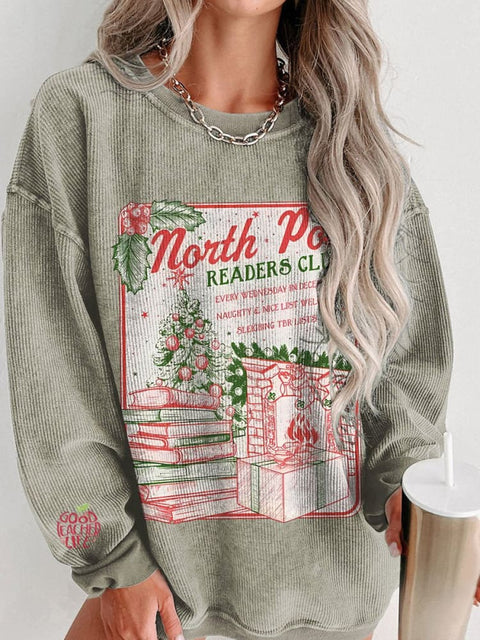 Bookish Christmas Pole Book Club Santa Women's  Casual Print Corduroy Sweatshirt