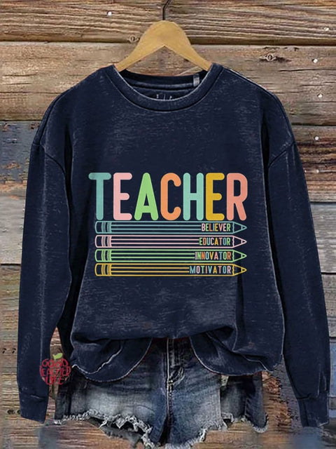 Retro Teacher Casual Print Sweatshirt