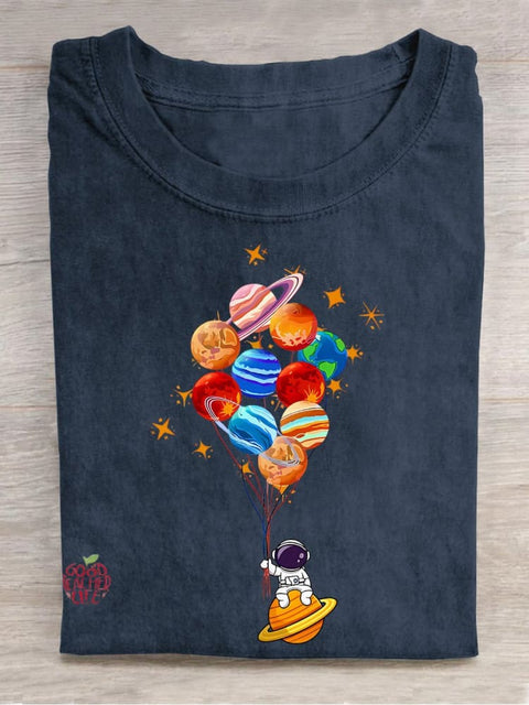 Space Balloon Astronaut Space Teacher Casual Print T-shirt